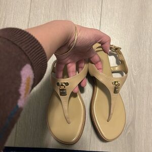 Women’s Beige T-Strap Sandals with Gold Accent Real Leather